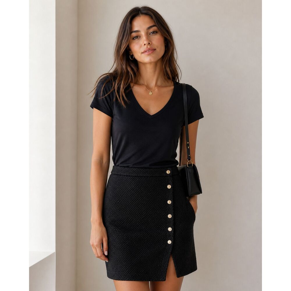 MNG Casual Small Black Metallic Thread Woven Wrap Style Short Skirt